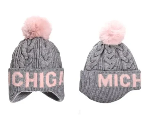 Detroit - Michigan Gray/Pink Cable Knit Pom Hat