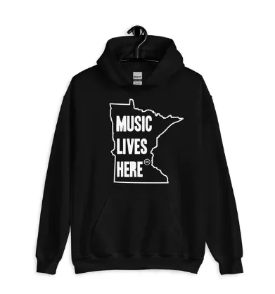 Black hoodie with white text reading MUSIC LIVES HERE inside an outline of Minnesota