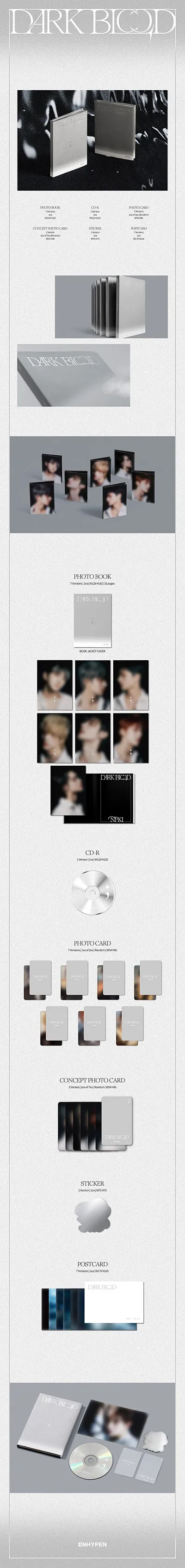 ENHYPEN [DARK BLOOD] Album FULL/CD+Photo Book+3 Card+Sticker+Book  Mark+Poster