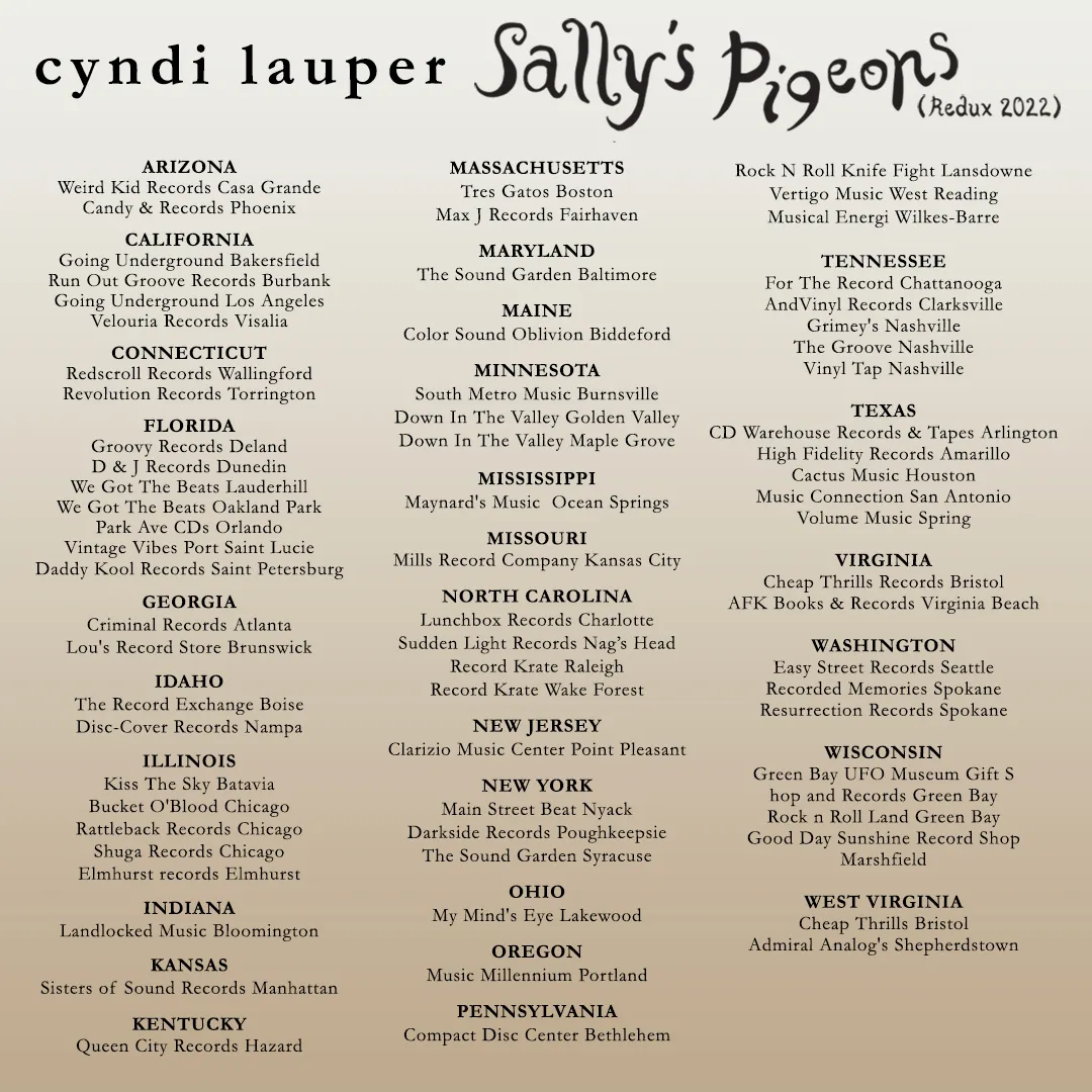 CYNDI LAUPER SALLY'S PIGEONS - Locations