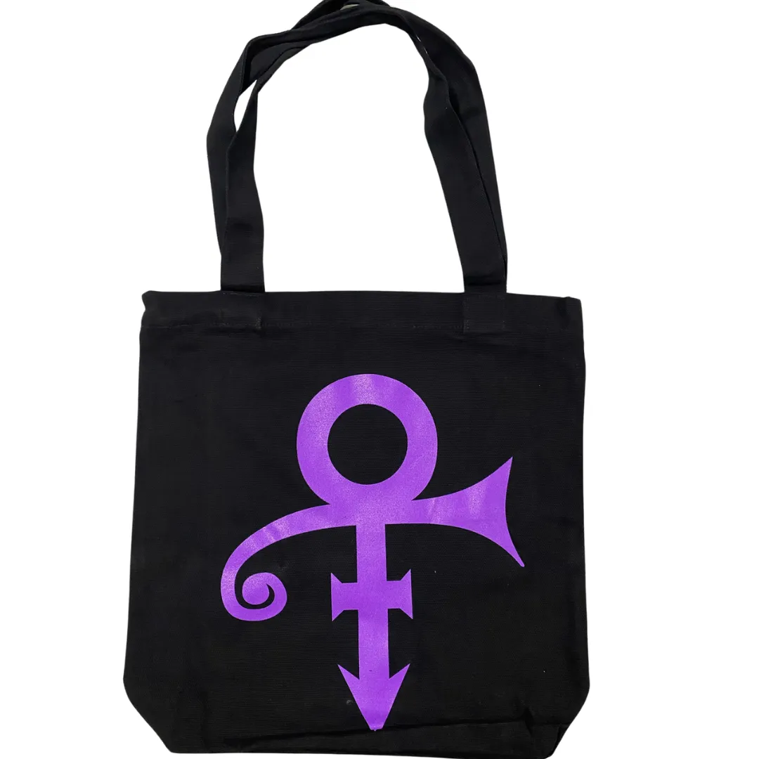 Black and purple Prince symbol tote bag
