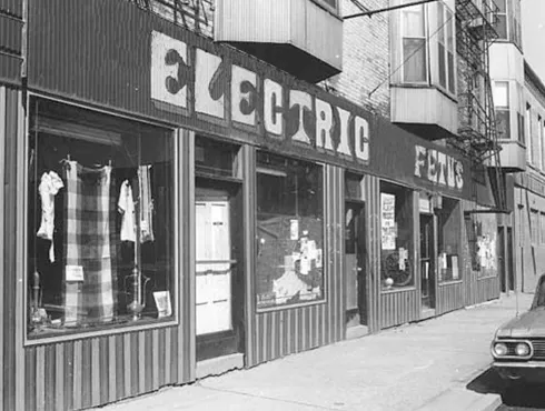 Black and white photo of the Electric Fetus in 1972